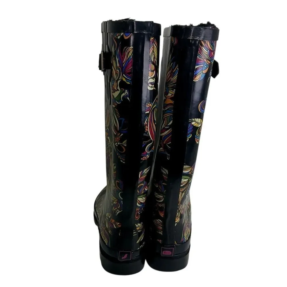 Designer Sakroots Womens Black Rain Boots with Colorful Birds Designs - Size 8